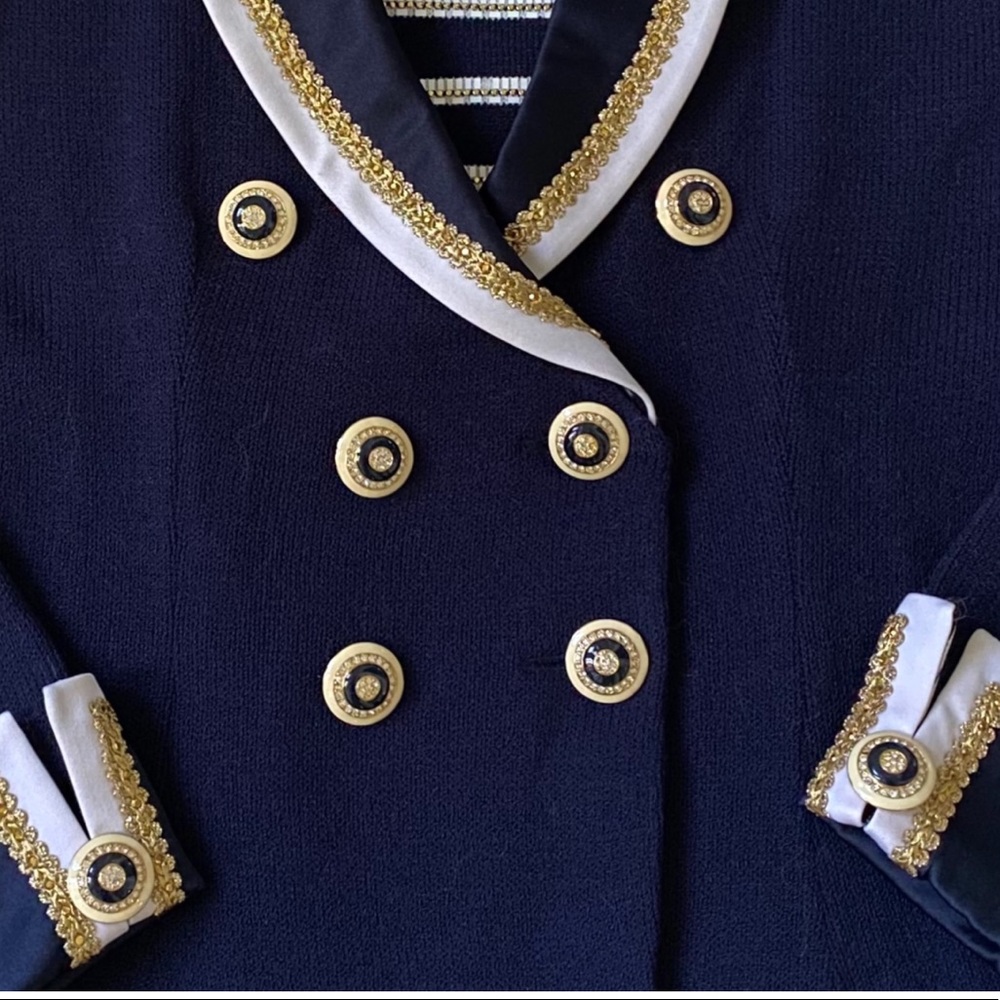 St. John Evening Navy with Satin & Gold Trim French Cuff Knit Jacket, Size 2 - Picture 2 of 8